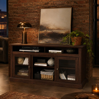 60" Contemporary TV Stand for TVs up to 65", Entertainment Center with Open Shelves, Glass Door Cabinets & Cable Management for Living Room