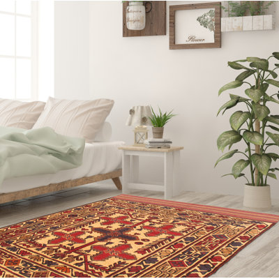 Tapis décoratif en laine de conception unique 4 pi 1 po x 6 pi noué à la main New Age en laine beige/rouge/bleu marine