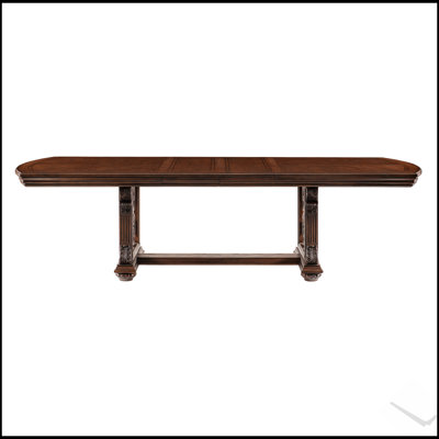 Table de salle à manger extensible traditionnelle avec frontons décoratifs - placage de chêne, finition chêne foncé, 8 places (table seulement)