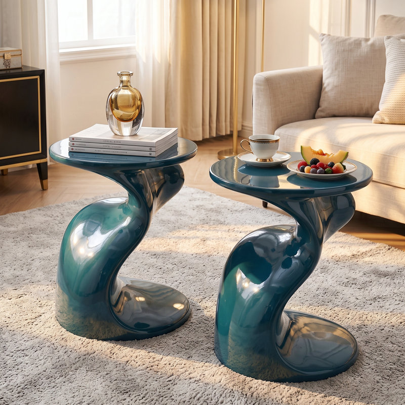 Table d'appoint laquée brillante avec piètement incurvé, table de chevet moderne avec grand plateau, table d'appoint avec base antidérapante, bleue