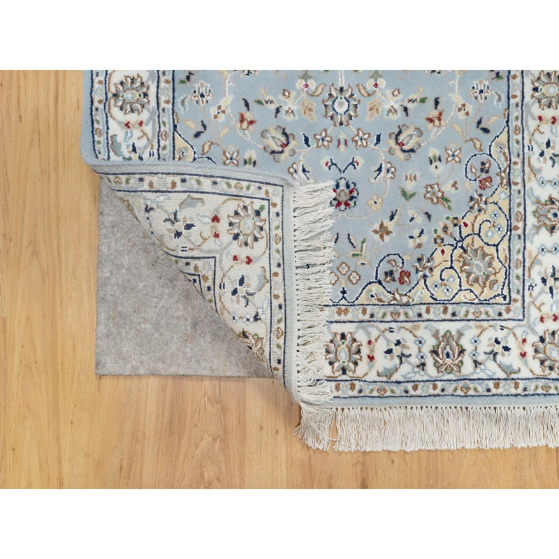 Tapis de couloir noué à la main en laine et en soie 2 pi 8 po x 6 pi 6 po bleu Nain 250 KPSI