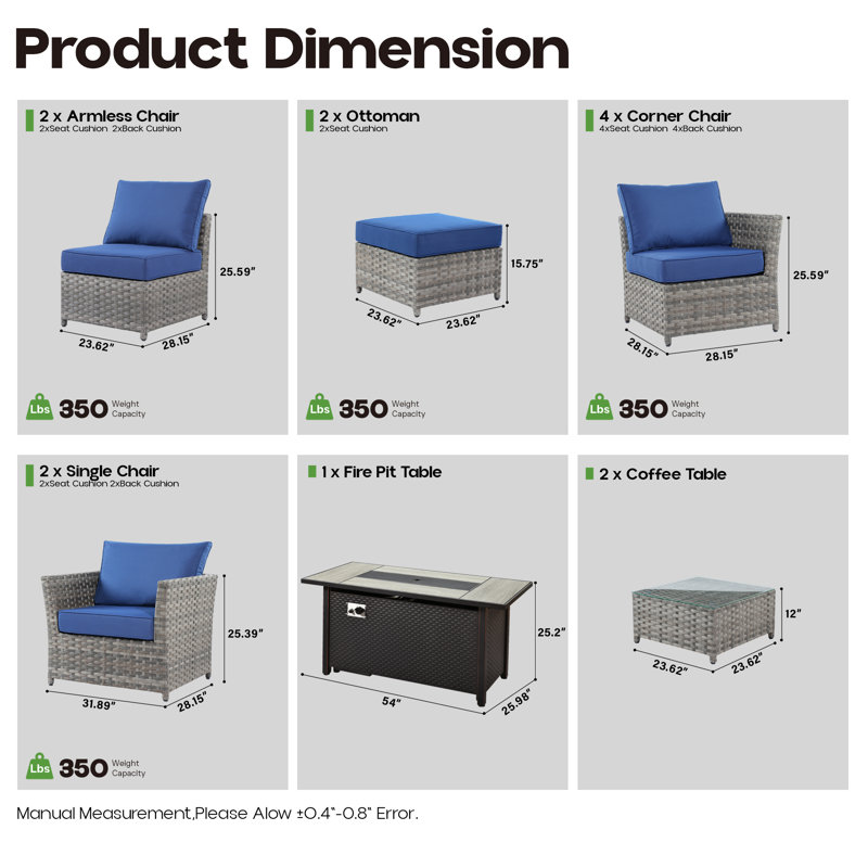 Ensemble de mobilier d'extérieur pour 10 personnes, ensemble de conversation modulaire en rotin d'osier avec coussins, ensemble de conversation pour canapé toutes saisons avec foyer et table de jardin