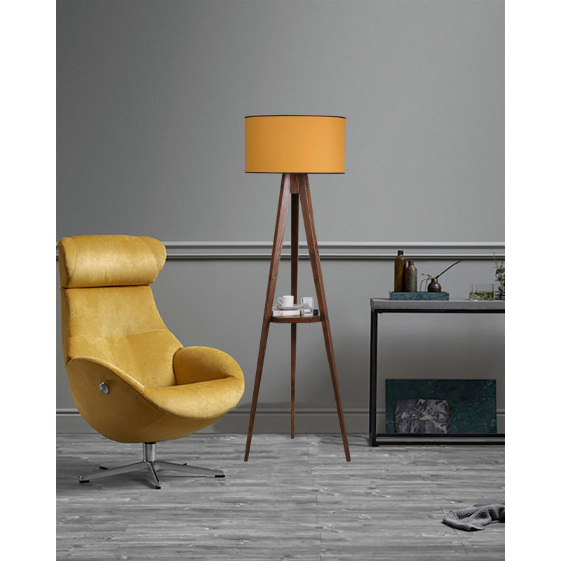Élégante lampe sur pied en bois avec capuchon en tissu, couleur noyer et moutarde, hauteur de 60,2 po | Tablette en bois 10,2 po x 10,2 po | Douille E27, 40 W maximum | Interrupteur marche / arrêt sur le câble | Éclairage élégant pour le décor du salon et de la chambre à coucher