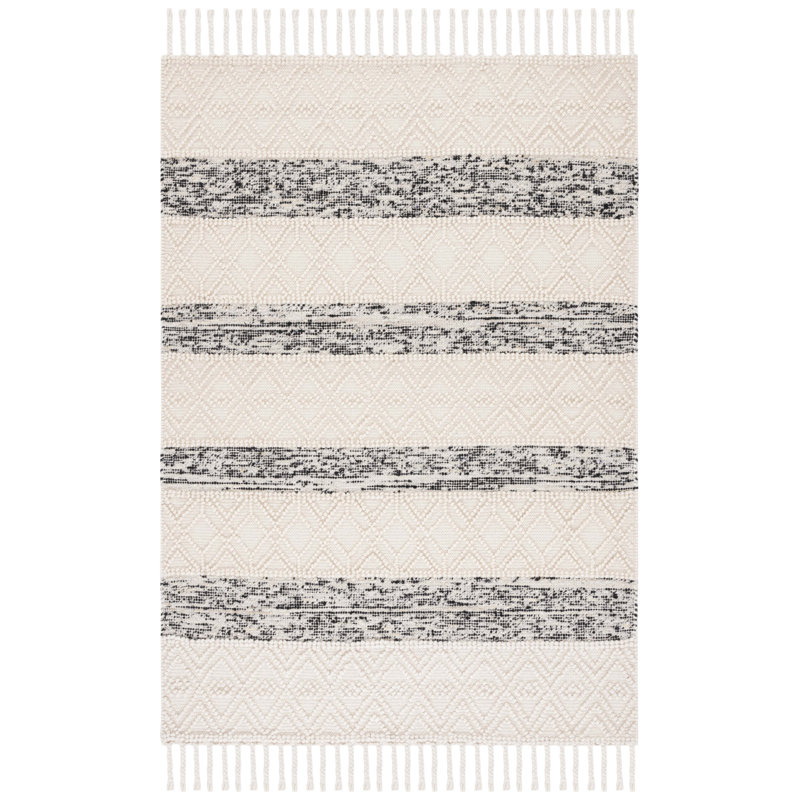 Tapis rayé en laine / coton fabriqué à la main en ivoire / noir Archie-John, Rectangle de 5 pi x 8 pi