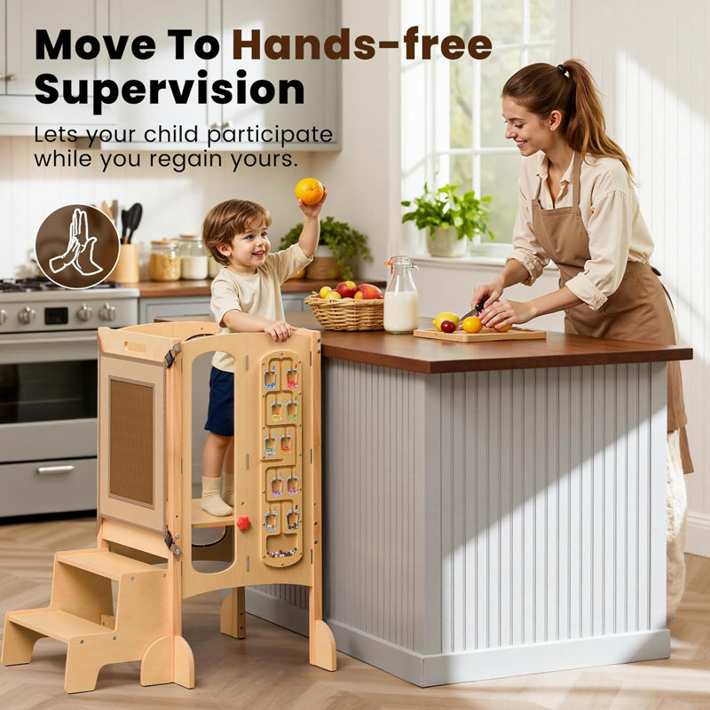 Foldable Toddler Tower With Safety Net & 2-step Stool | Adjustable Montessori Kitchen companion