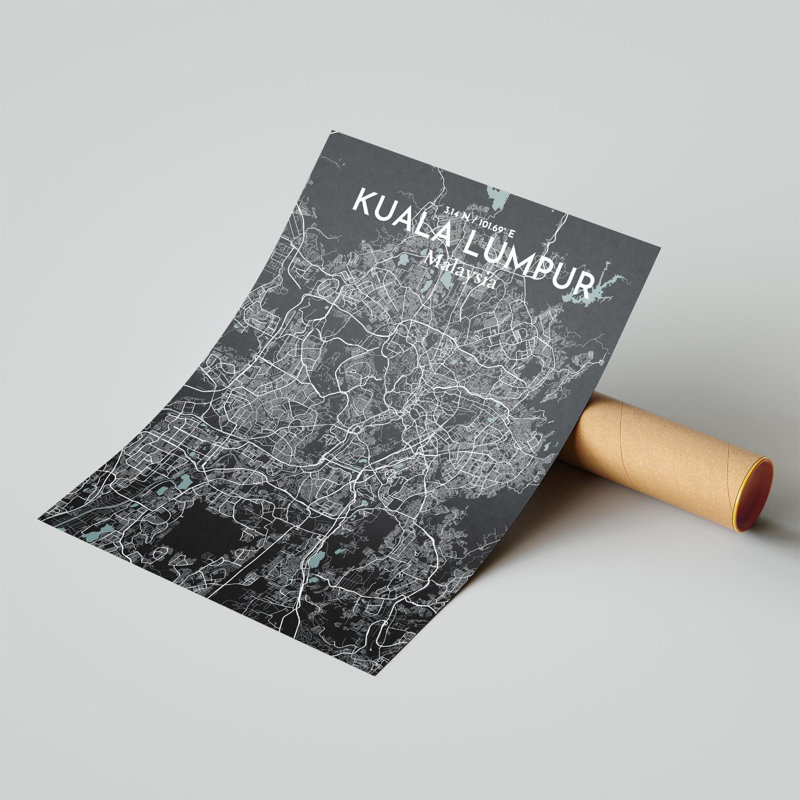 «Kuala Lumpur City Map», impression de luxe, H 24 po x l 18 po, Gris / noir