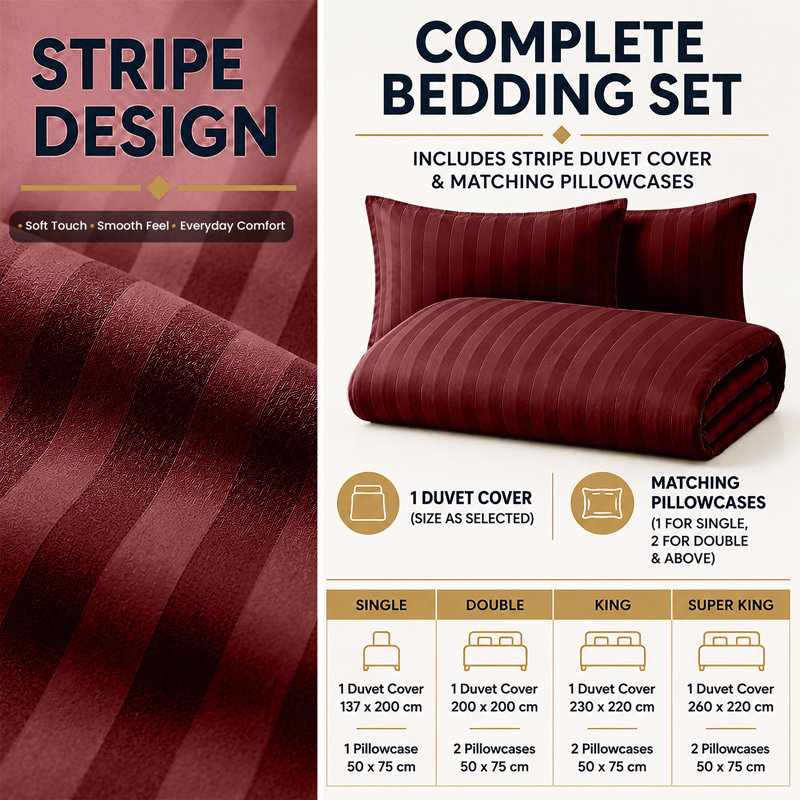 Microfiber Striped Duvet Cover Set with Matching Pillowcases and Stripe Fitted Sheet, Burgundy