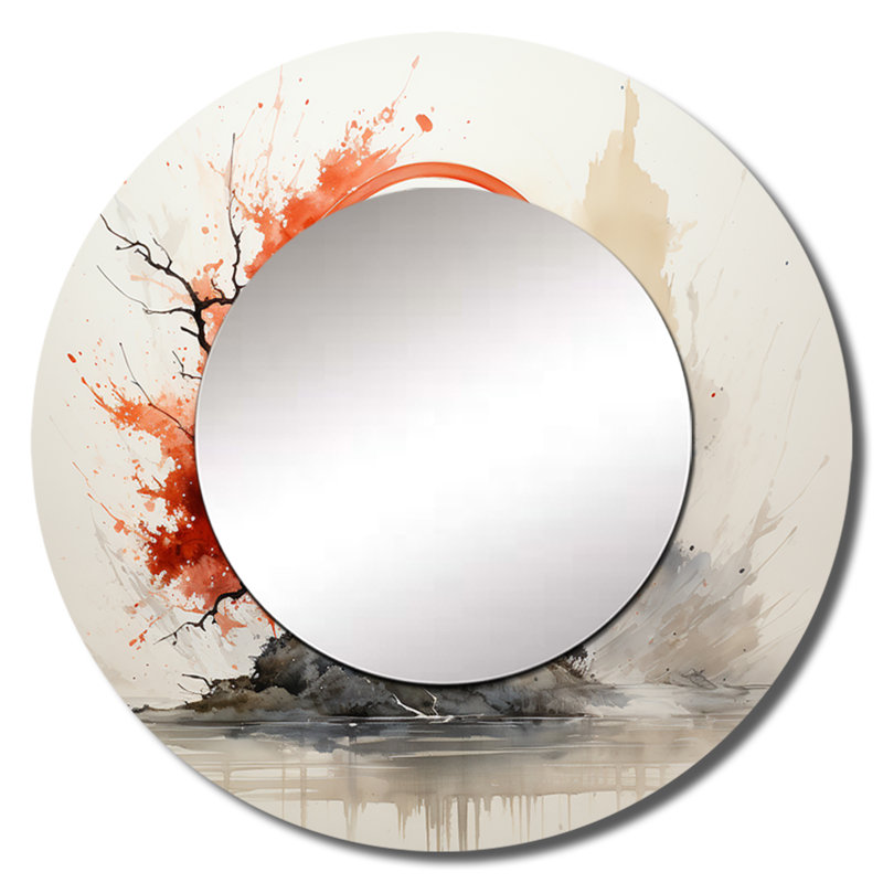 Art bouddhiste rouge gris Enso Lumenment - miroir mural bouddhisme, miroir décoratif rond rouge, 23 po x 23 po