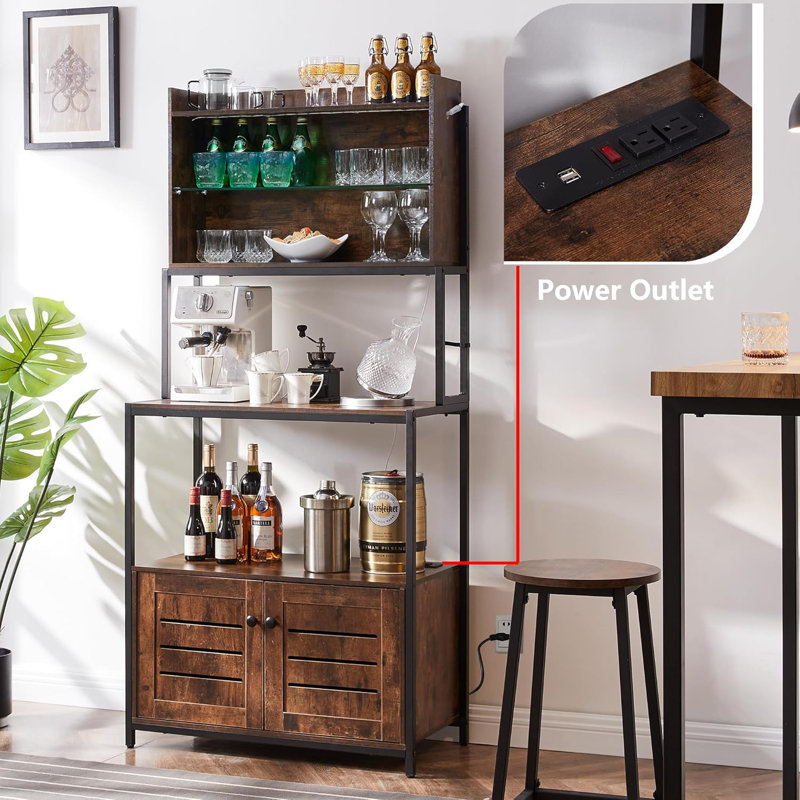 Black Steel 6-Tier Bakers Rack with LED Lights and Power Outlet