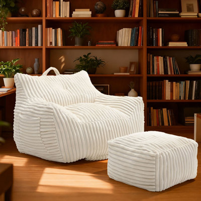 Comfy Compressed Pre-Filled Bean Bag Chair Arm Chair with an Ottoman, High-Resilience Shredded Foam Filling with Corduroy Cover