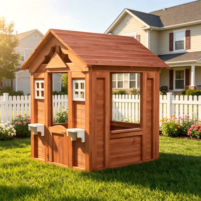 Wooden Kids Playhouse with 2 Windows and Flowerpot Holder, Outdoor Pretend Play House for Backyard – Golden Red, 42"L x 46"W x 55"H