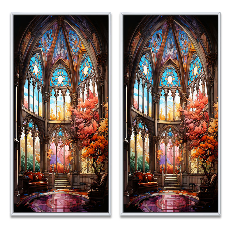 «Vitrail d'église», 2 pièces sur toile, Cadre blanc, H 20 po x l 24 po