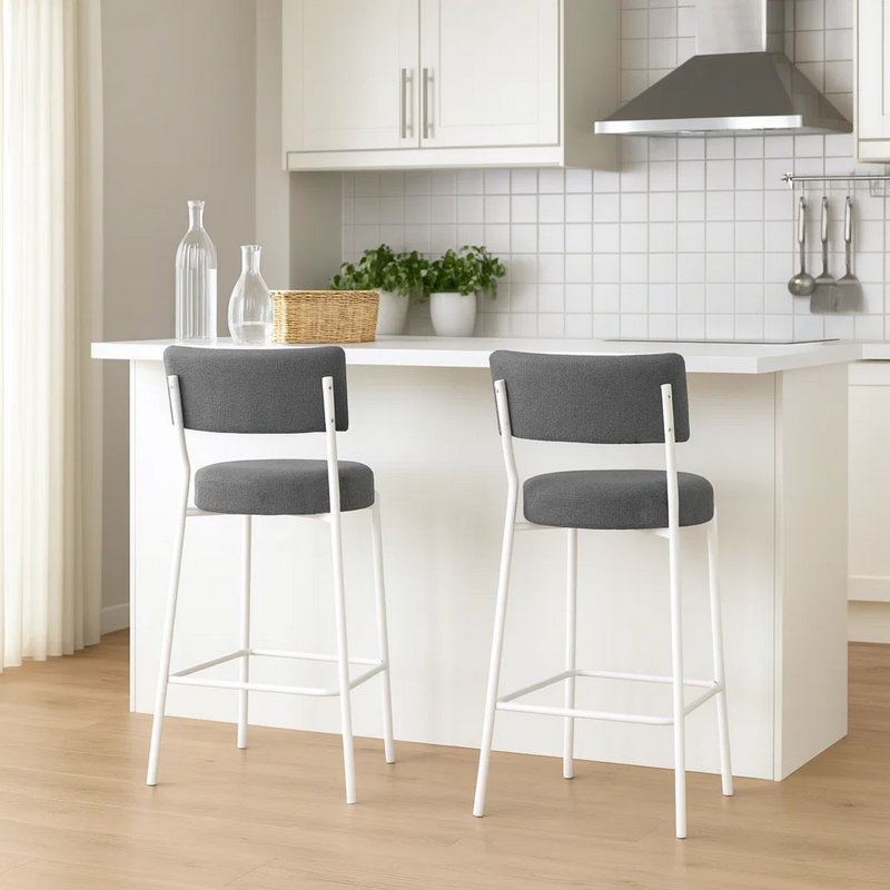 Ensemble de 2 chaises à hauteur de comptoir Bery, tissu gris, métal blanc, Blanc