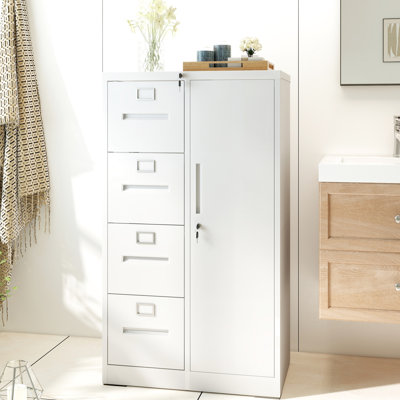 Classeur vertical en métal blanc avec 4 tiroirs et 1 porte, idéal pour le bureau de la chambre à coucher, mouvement de tiroir fluide, divers articles de rangement spacieux, chambre à verrou verrouillable, documents silencieux, facile à nettoyer