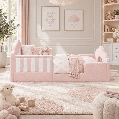 Lit pour enfant Nimbus Twin en bois massif, modèle Cloud, avec revêtement en bouclette et barrières de sécurité pleine hauteur