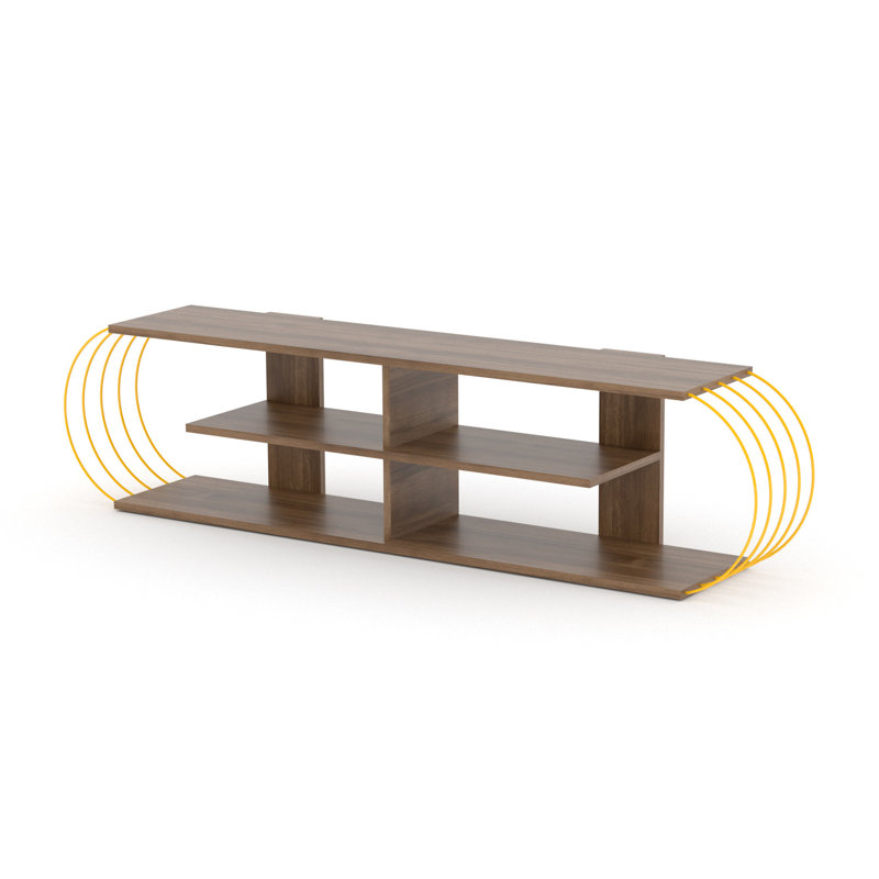 Meuble télé Mid-Century moderne de 68 pouces, noyer / jaune avec 4 tablettes de rangement ouvertes, étagères en bois massif, unité, construction