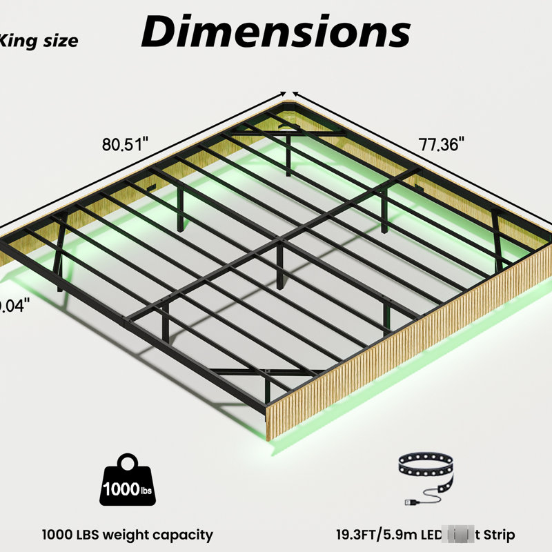 King Floating Bed Frame Of Oak Color, Wave Curve Wood Texture, Led Lighting, High - Strength Frame, No Box Spring, Managed Lights Size In Lighting System, Metal Structure, Remote Controlled