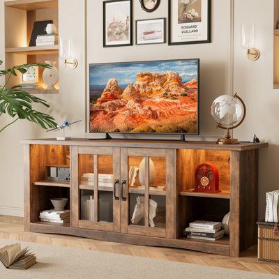 Rustic Farmhouse 58" Tv Stand For Tvs Up To 65", Solid Wood Entertainment Center With Glass Doors, Adjustable Storage, Built-In Charging Hub & Smart Led Lighting