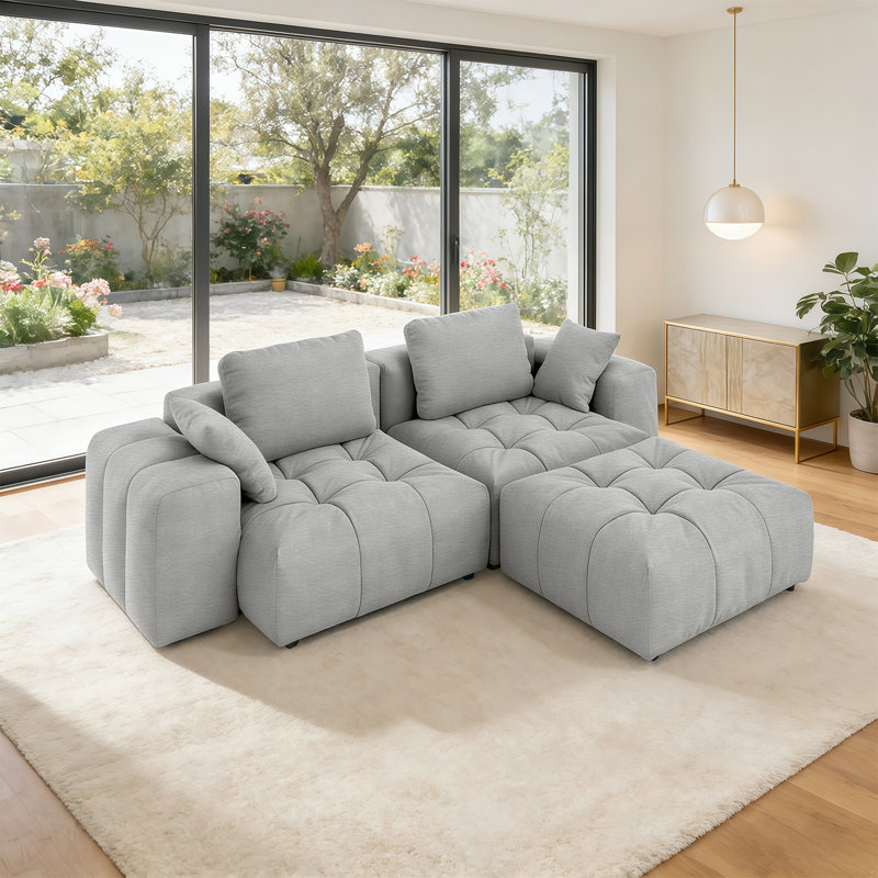 Canapé rembourré, canapé modulaire 3 places avec repose-pieds pour salon, Gris