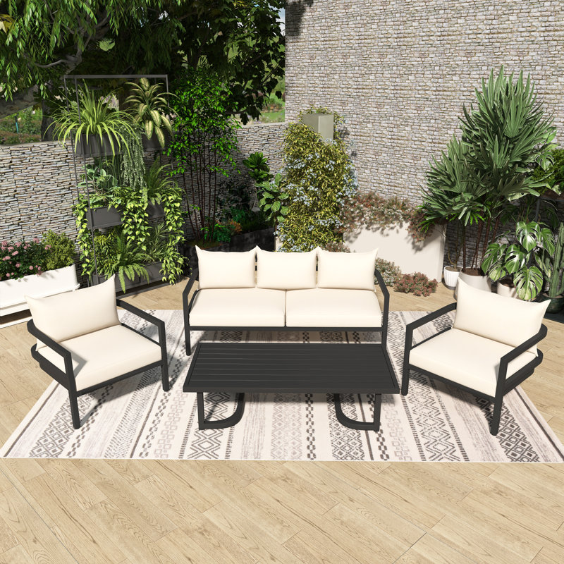 Ensemble de conversation de patio 4 pièces en acier avec coussin beige, Beige