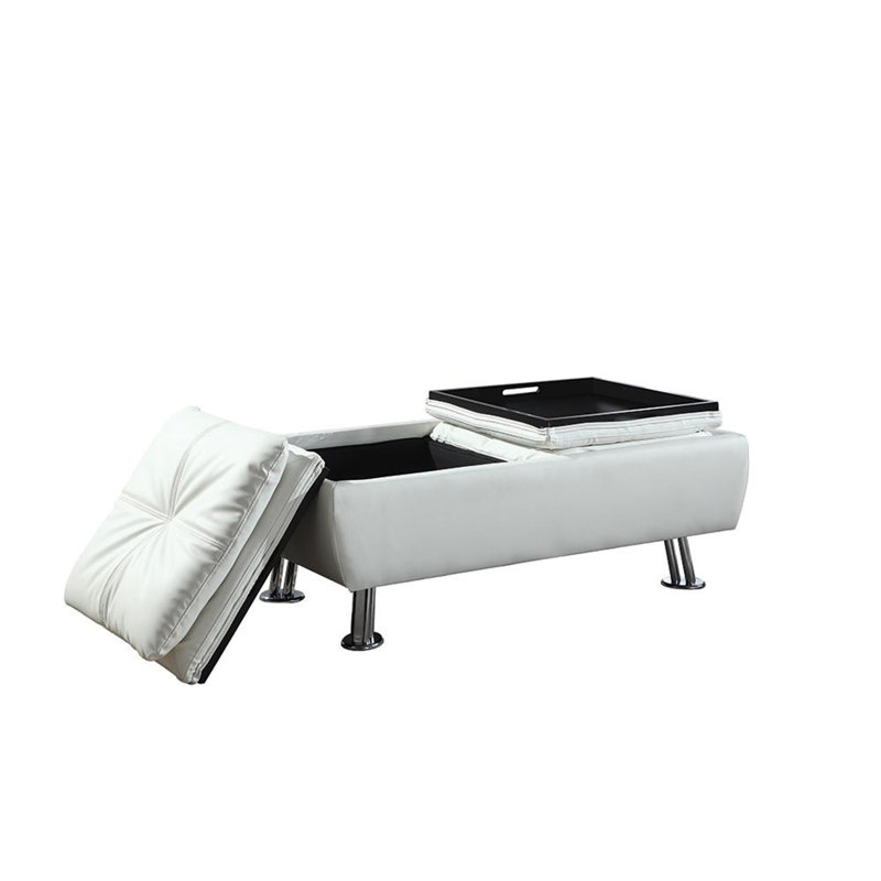Repose-pieds de rangement rectangulaire touffeté 44,25" Adaya, Simili cuir blanc