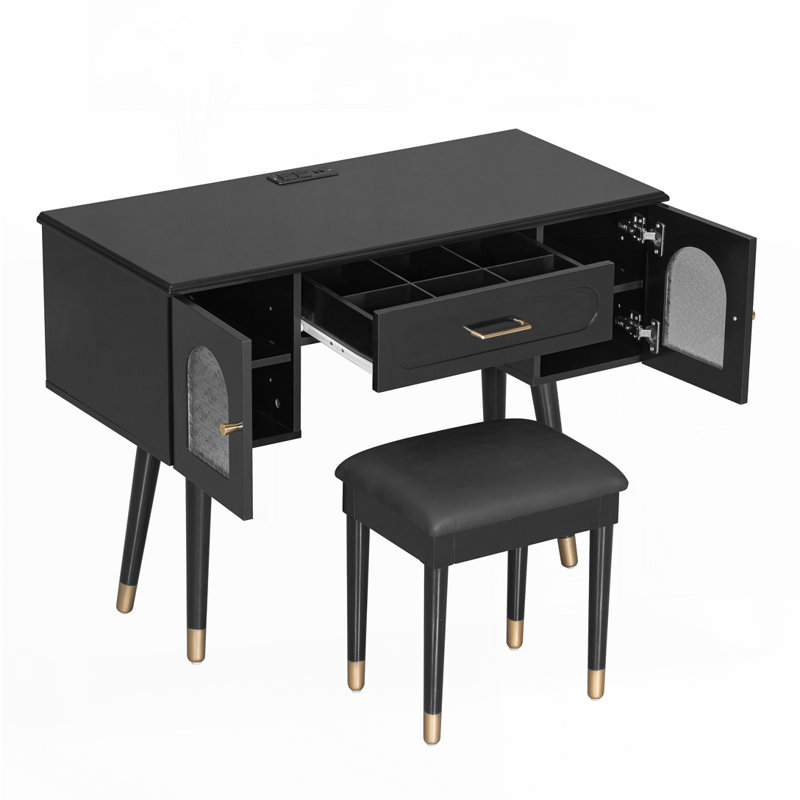 Elegant Vanity Makeup Table And Chair Set With Organizer, Charging Port, And Dual Function As Writing Desk., Black