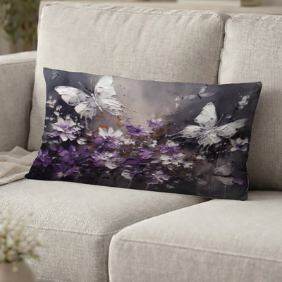 Coussin décoratif à motifs floraux, ailes de papillon violettes et blanches