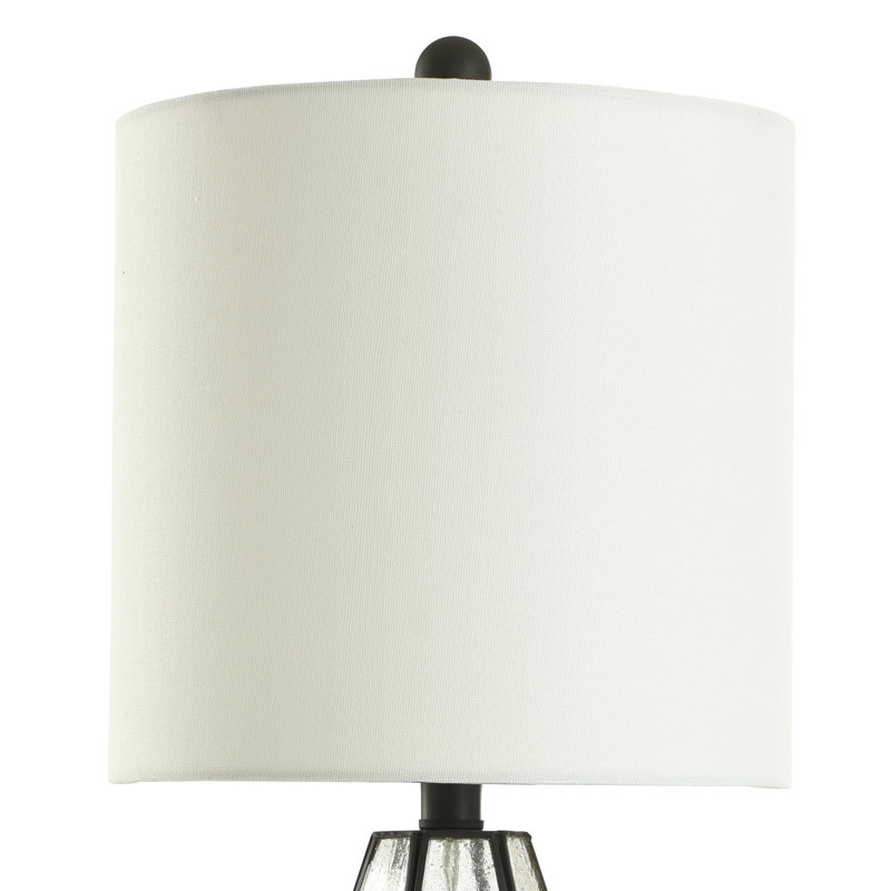 Aged Bronze Geometric Nightstand Lamp with White Barrel Shade