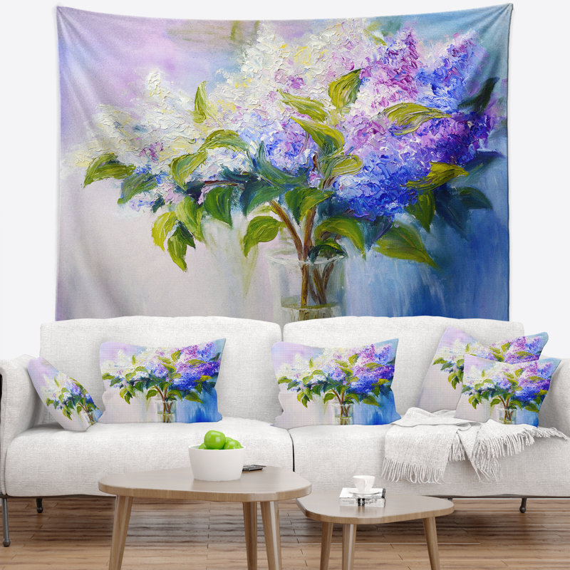 Lilacs à motif floral bleu et blanc en polyester vase tapisserie avec accessoires suspendus inclus, H 50 po x l 60 po