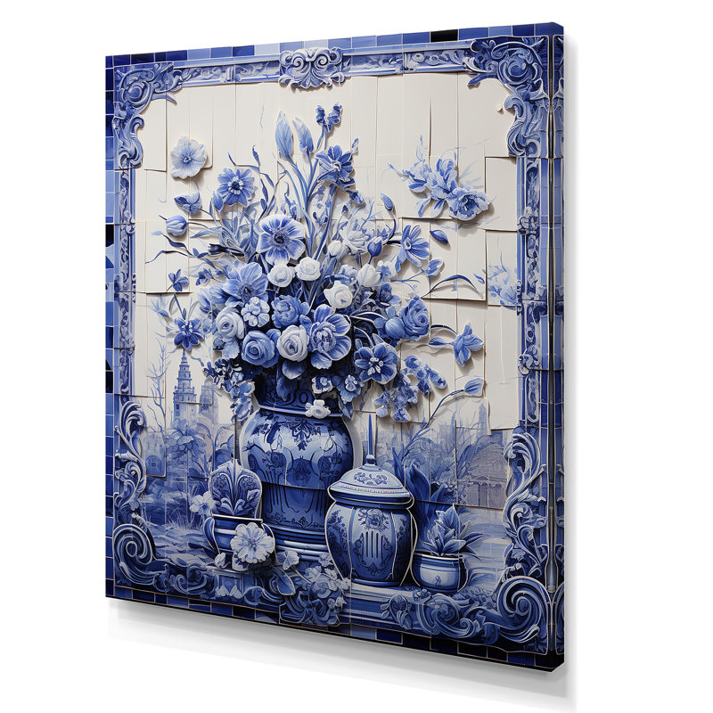 Art mural bleu et blanc Boho Flower Pottery II - Boho Pottery, H 20 po x l 12 po x P 1 po, Toile tendue