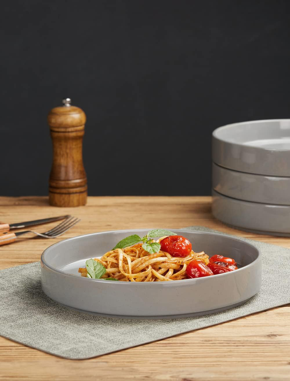 Esther Stoneware Pasta Bowl, Dark Gray