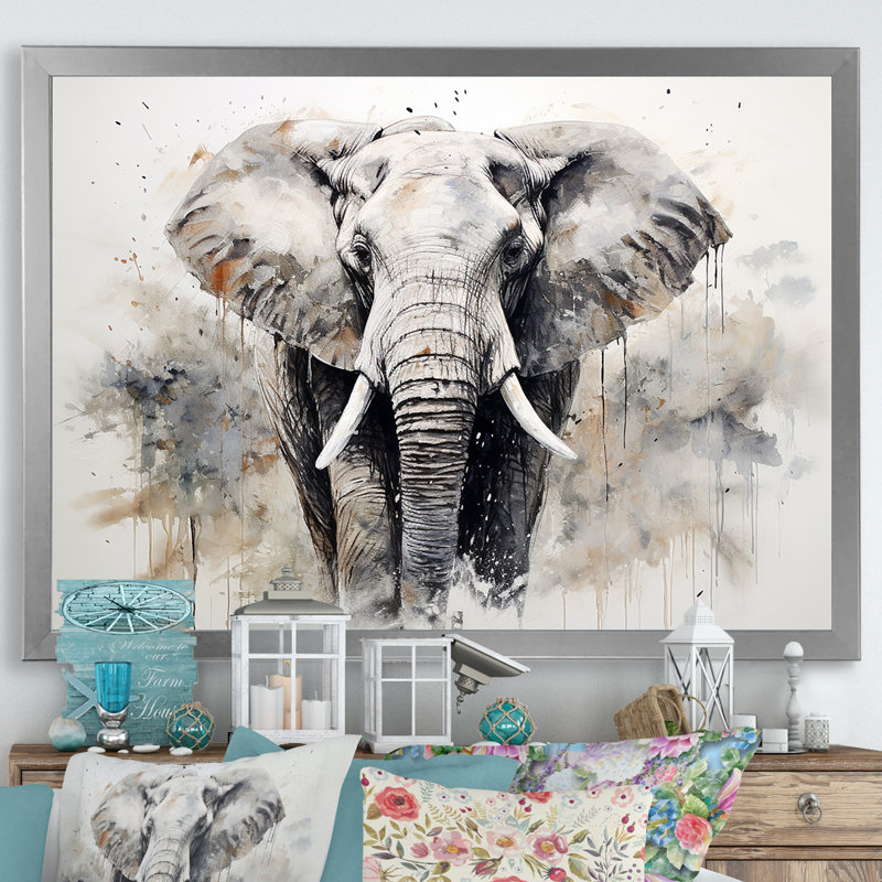 Éléphant élégant en mouvement II - reproduction sur toile, H 30 po x l 40 po x P 1,5 po, Cadre simple argenté