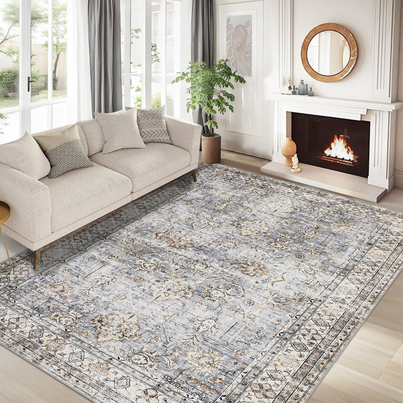 Vintage Boho Rug 5x7 Non Slip Washable Rugs Traditional Distressed Retro Carpet Retro Floral Mat for Dining Room Bathroom Kitchen