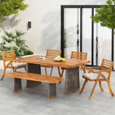 Ensemble repas d'extérieur 6 pièces en bois d'acacia avec coussin et pieds en rotin tissé à la main, osier gris