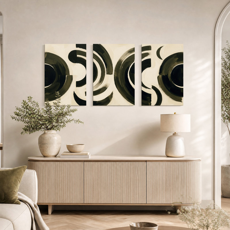 Ensemble de 3 toiles murales abstraites à coups de pinceau noirs sur fond crème, 36"H x 24"W x 3pcs