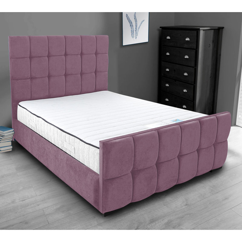 Merricks Contemporary Velvet Upholstered Bed Frame - Padded Headboard, Sprung Slats, Double (4'6), Lilac