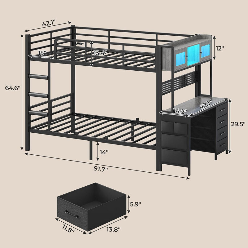 Twin Over Twin Bunk Bed With Desk,Twin Size Bunk Beds With Led Light & Charging Station & Storage Drawers,Metal Bed With Safety Guardrail & Ladder,For Kids & Teens,Space Saving