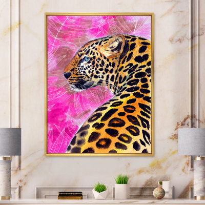 Léopard doré avec taches noires sur fond rose - reproduction sur toile