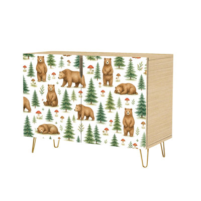 Buffet avec rangement dissimulé 2 portes Brown Bears Pine Trees Woodland Aquarelle Animaux Forest Multi-usage pour salon, cuisine et café