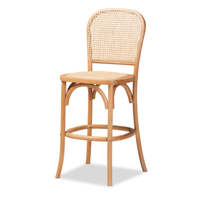  Vance Mid-Century Modern Brown Woven Rattan and Wood Cane Counter Stool