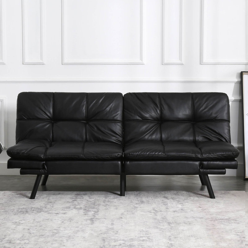 71" Mid Century Modern Leather Convertible Futon Twin Size With Adjustable Arms, Black 