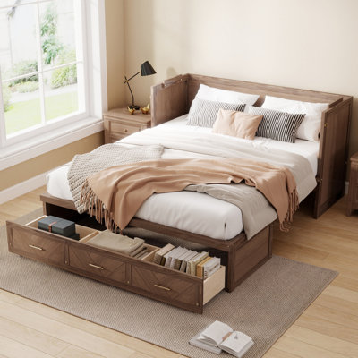 Queen Solid Wood Murphy Bed with Built-In USB Charging Station and Geometrical Decoration Panel