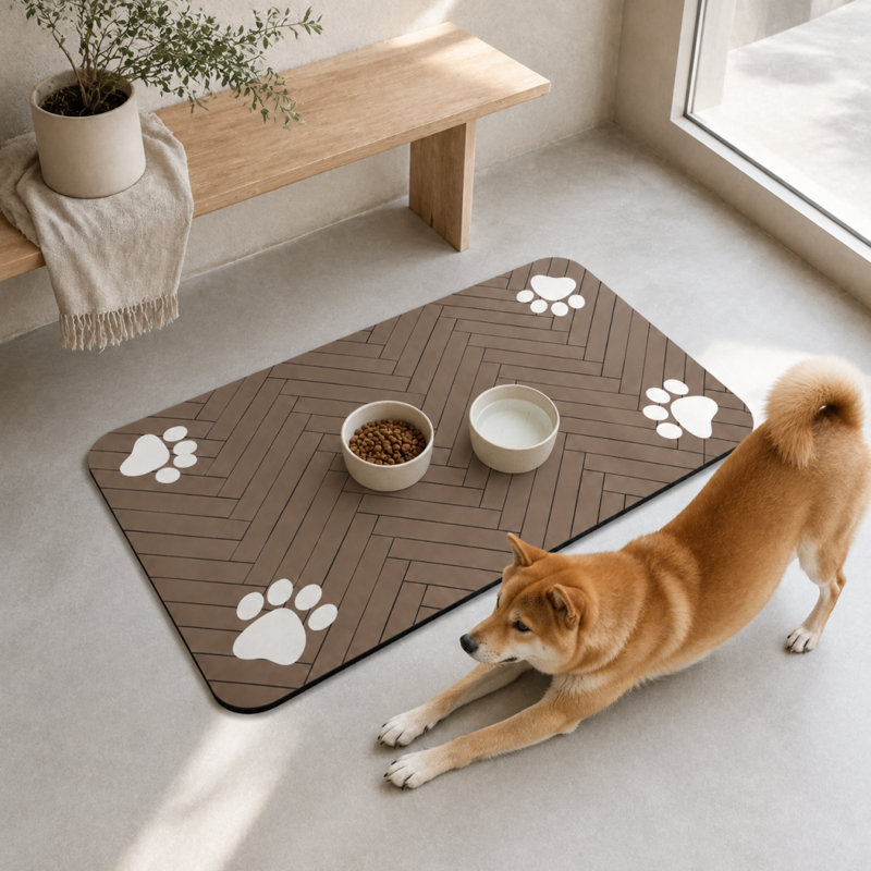 Tapis d'alimentation absorbant et antidérapant en terre de diatomées avec motif empreintes de pattes, 15,8 po x 23,6 po, Brun
