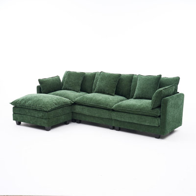Green Color  3-Seat Combo Sofa With Storage Ottoman For Living Room Apartment Bedroom And Compact Room, Upholstered Sectional Couch, L Shaped Bench With A Footrest