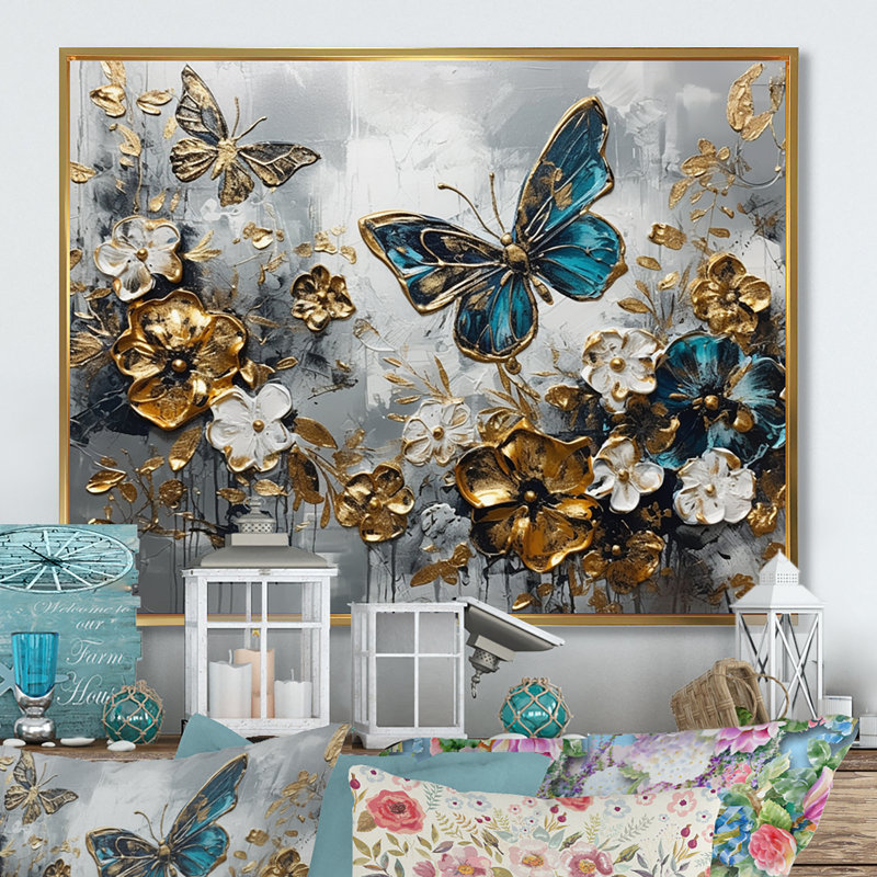 Ryllan, ailes de papillon bleu doré et fleurs V - impressions florales encadrées, H 30 po x l 40 po x P 1,5 po