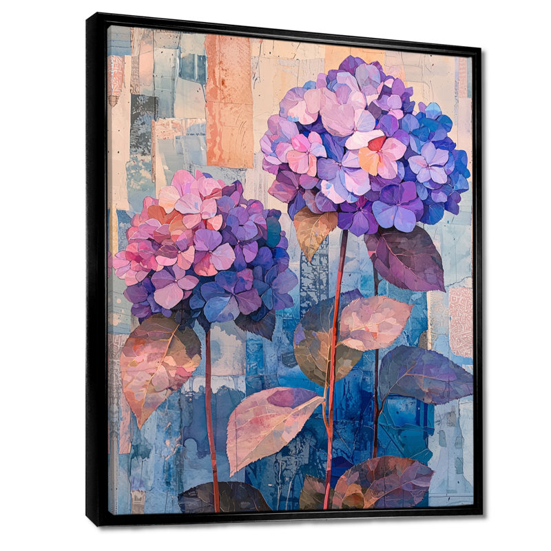 Collage abstrait floral d'hortensia I - art mural hortensia, Noir, Reproduction avec cadre flottant, H 20 po x l 12 po