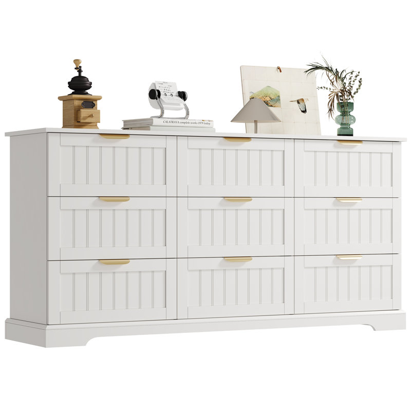Commode 9 tiroirs, commode moderne l 63 po avec poignée en métal, Blanc