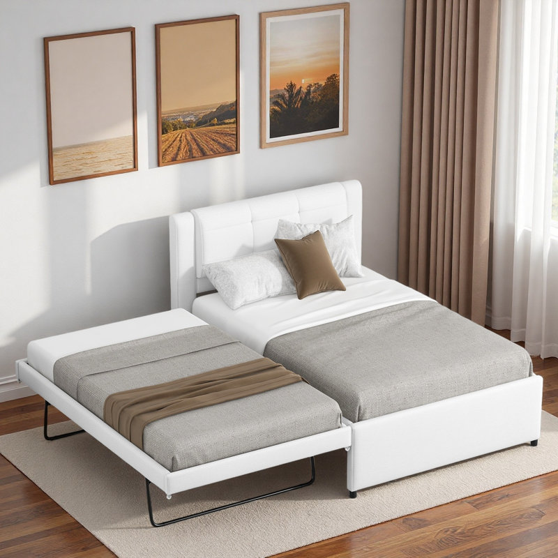 Lit plateforme tapissier avec lit gigogne multifonctionnel et tête de lit, Beige