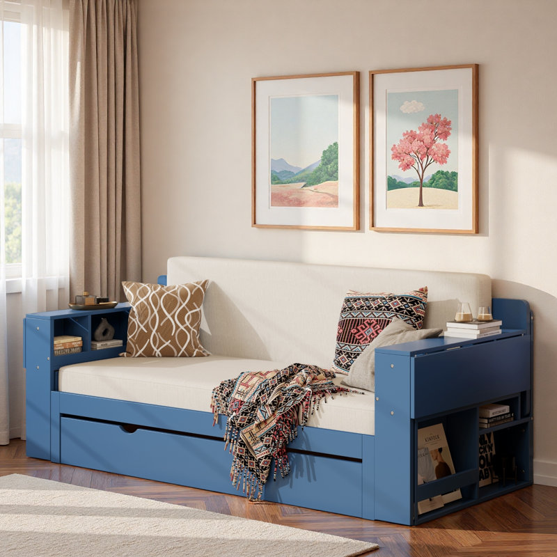 Multifunctional Daybed With Storage Drawer, Open Compartments And Hydraulic Side Table, Blue