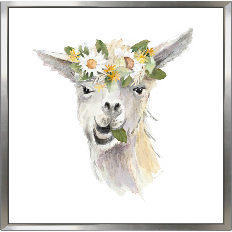 «Floral Llama III», reproduction de peinture à l'aquarelle, H 24 po x l 24 po x P 2 po, Cadre flottant argent